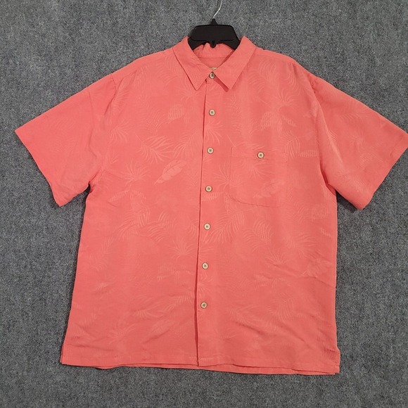 Joe Marlin Hawaiian Shirt Size XL Textured Coral Palm Tree Pattern Bambo Buttons - Picture 1 of 7